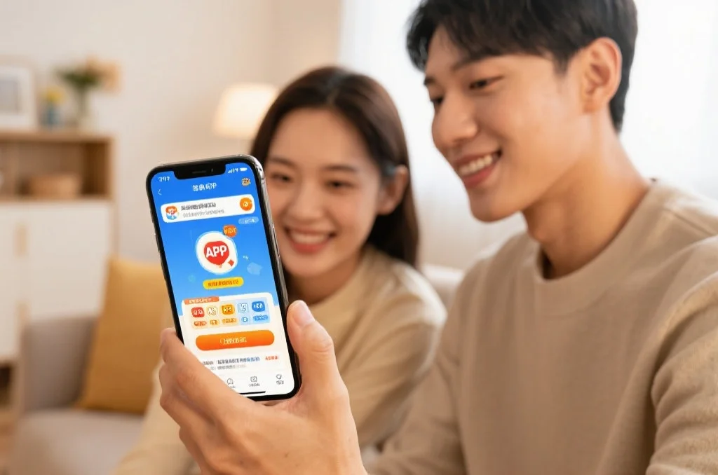 年轻男女正在舒适的家中用手机浏览彩票APP界面，画面温馨、界面清晰